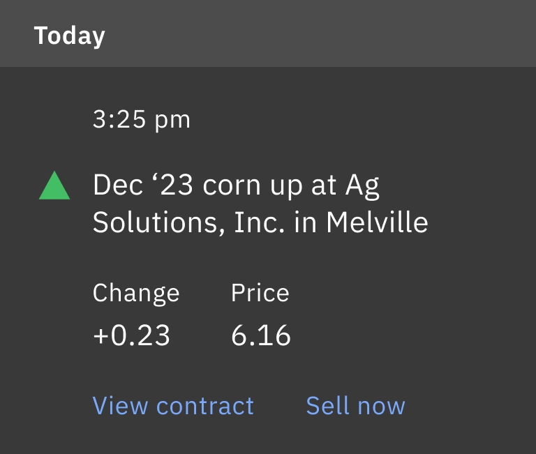 A notification stating 'December '23 corn up at Ag Solutions, Inc. in Melville, change +0.23, price 6.16'. At the bottom, two links read 'View contract' and 'Sell now'.