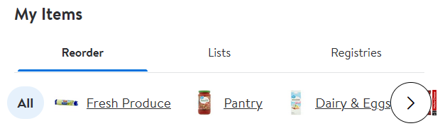 Horizonal scrolling menu of grocery categories