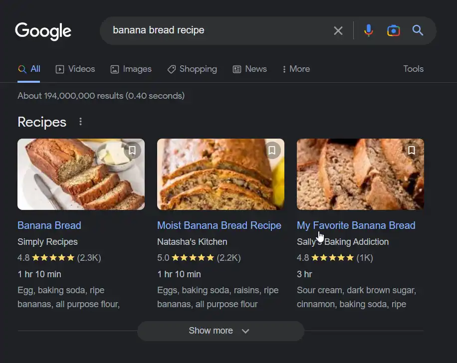 Google search results for query 'banana bread recipe'