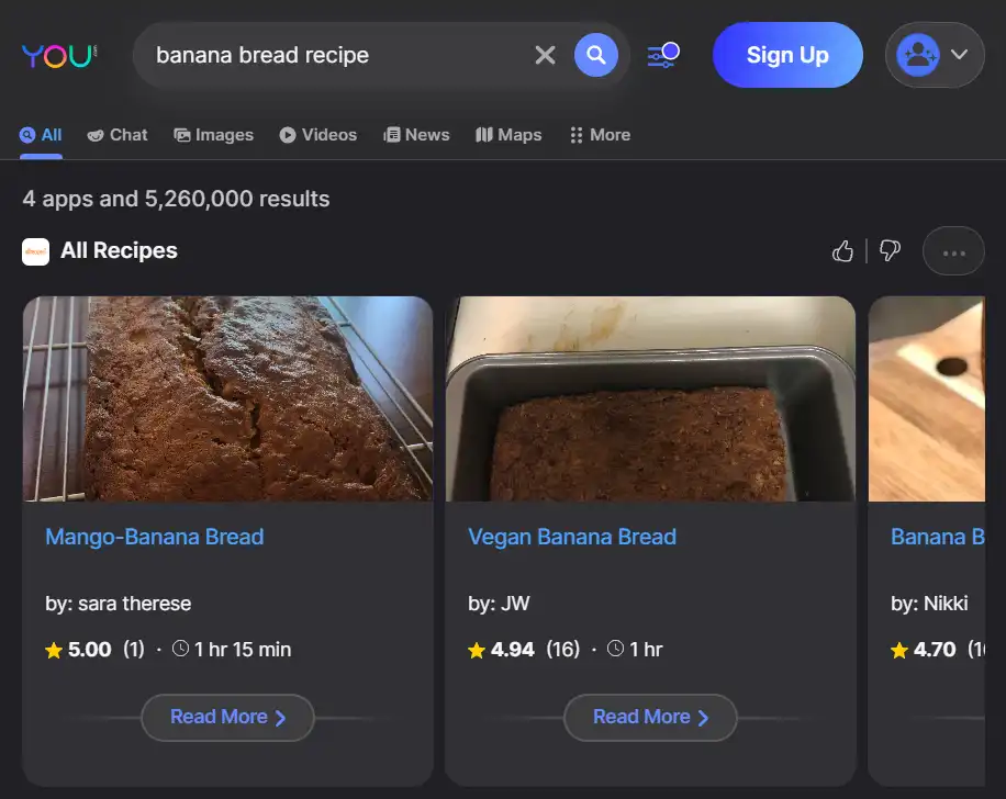 You.com search results for query 'banana bread recipe'