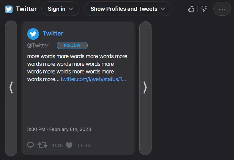 Horizontal scrolling cards of tweets, with available button interactions